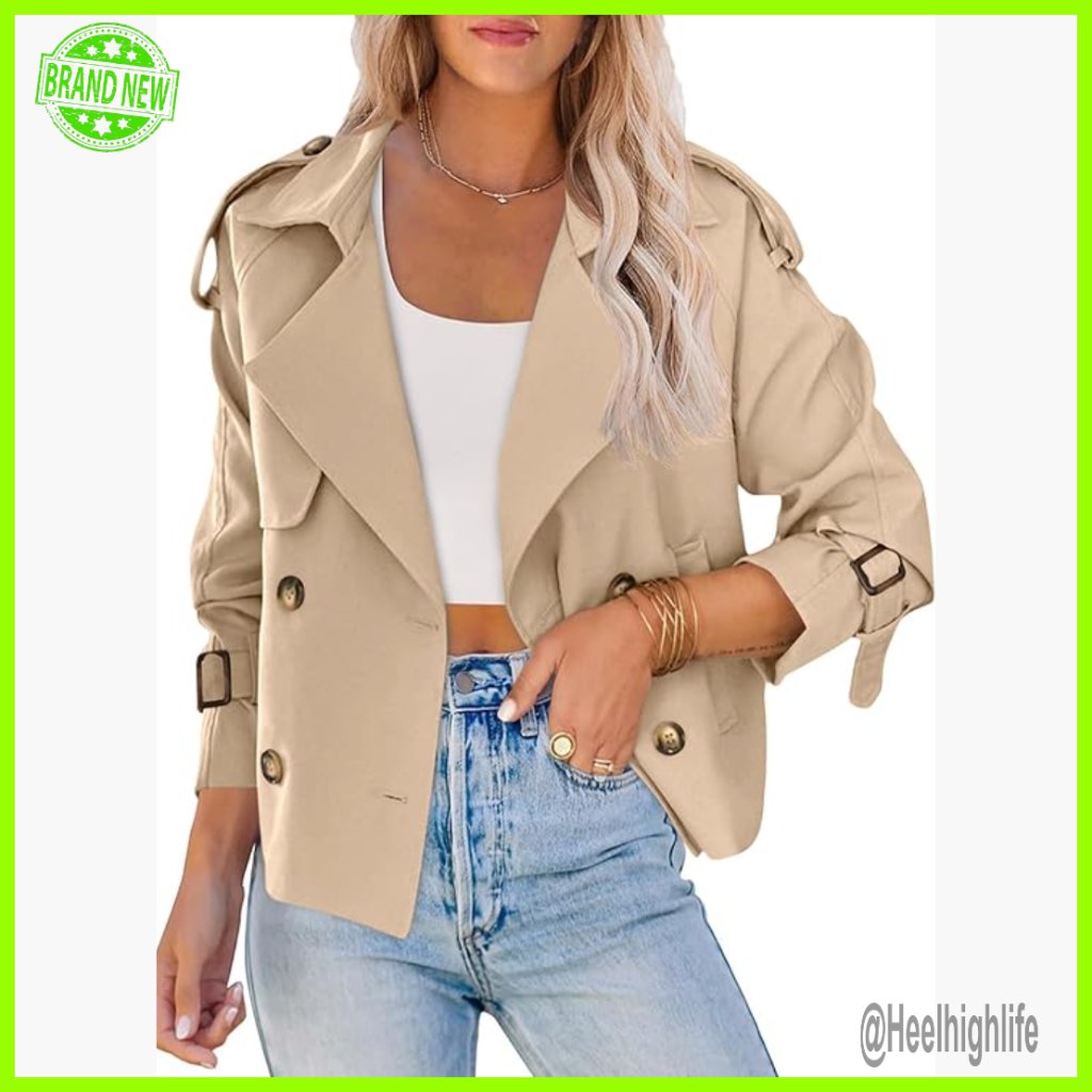 Women's Double Breasted Trench Coat Cropped Jacket Raglan Sleeve Office Wear